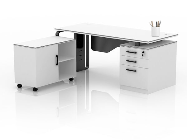 Black and white office desk with detached side table for manager
