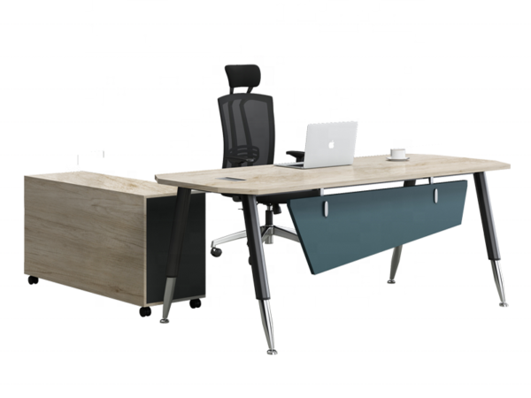 Natural oak and graphite color office desk with side table for manager