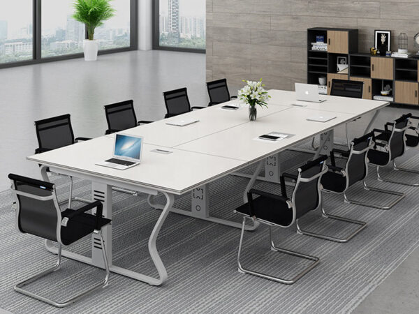 professional conference table with butterfly shape metal frame in piano white color best for corporate office