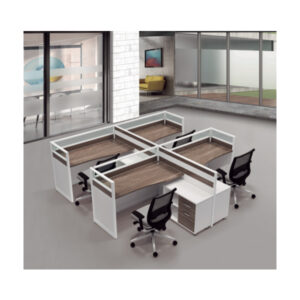 L shape workstation desk in white and brown color for 4 person