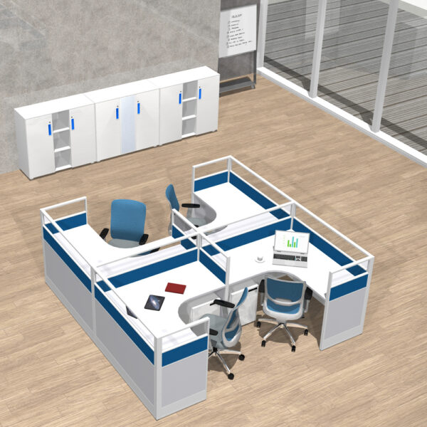 4 seater cubicle shape office workstation in white and blue color