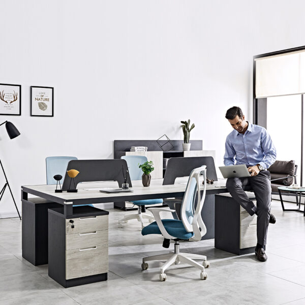 I shape 4 seater high quality office workstation desk with cabinet and drawers in black and white color