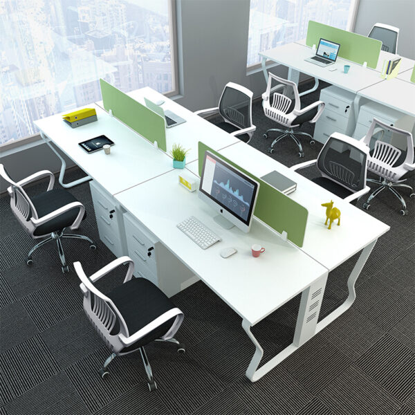 butterfly series office workstation desk with 3 drawer cabinet in piano white and green color for 4 person