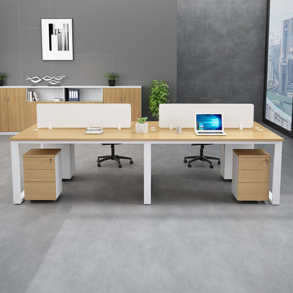 open style wooden office workstation with mobile cabinet in natural white oak and white color for 4 person