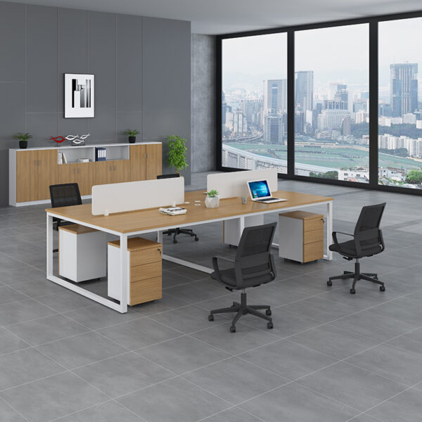 beautiful open style office workstation with mobile cabinet in natural white oak and white color for 4 person