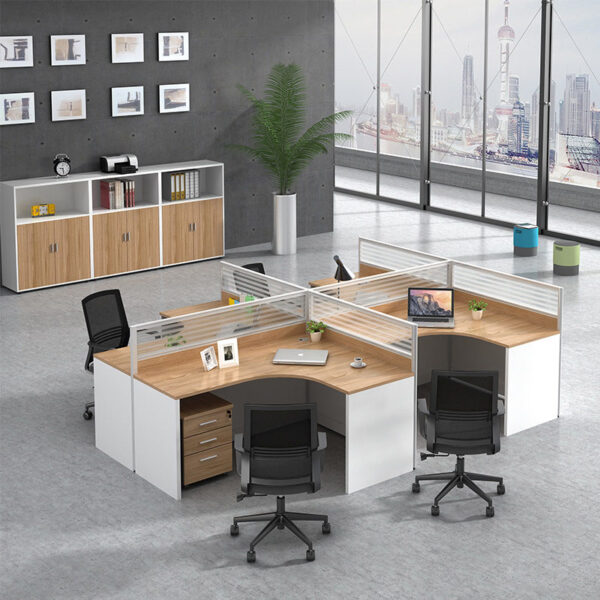 L shape office workstation with drawer cabinet in natural oak and white color