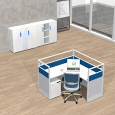 cubicle shape office workstation with cabinet in piano white and blue color for 1 person