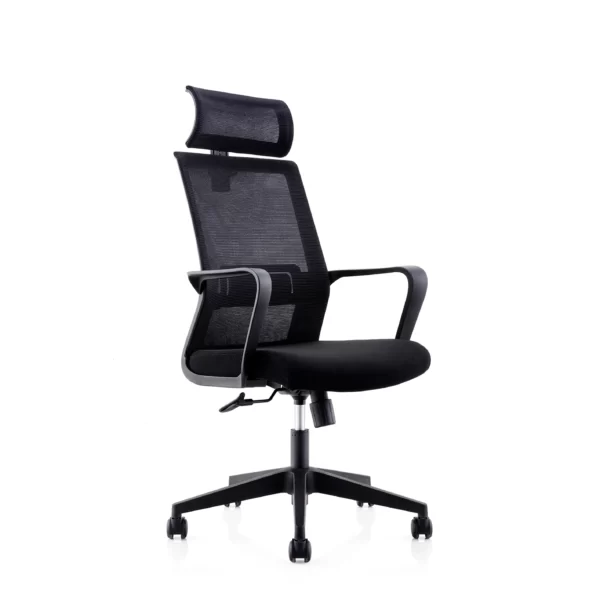 ergonomic revolving mesh chair with back rest, head rest, armrest, lumber support in black color