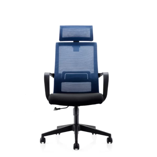 ergonomic revolving mesh chair with backrest, headrest, armrest, lumber support in blue and black color