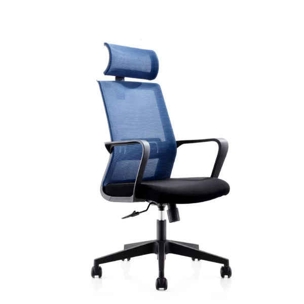 high quality revolving mesh chair with backrest, headrest, armrest, lumber support in blue and black color