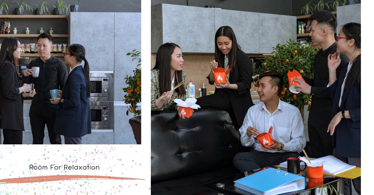 Employees relaxing and having their lunch and coffee at the break time