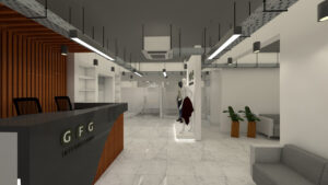 3D model design of buying house office reception area with mannequins that reflect brand identity by CUBIC.