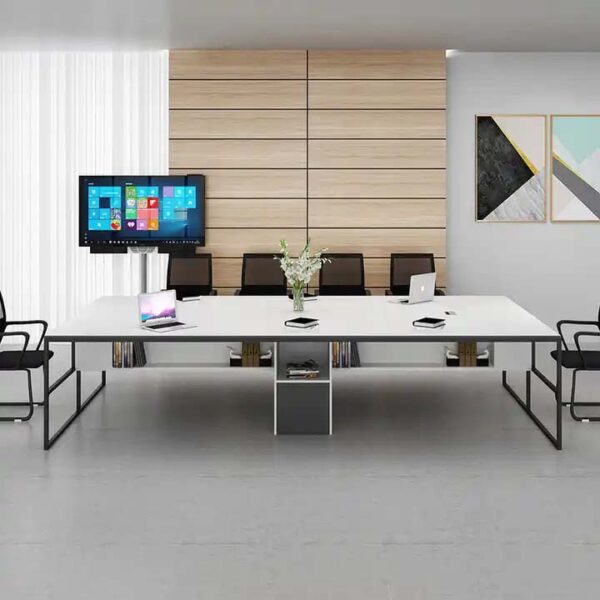 simple design modern conference table with shelves under the desk in white color for 8 person
