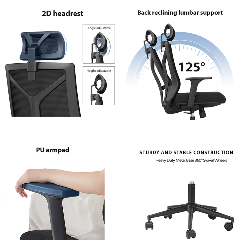 ergonomic chair with head rest and arm rest functional details