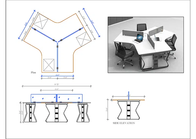 3 seater workstation desk butterfly series dimension