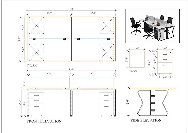 4 seater workstation desk butterfly series dimension