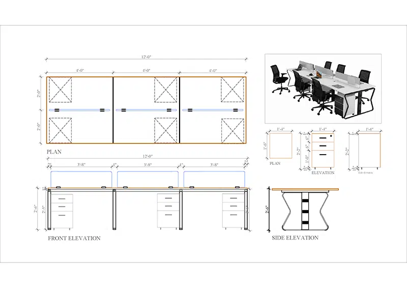 6 seater workstation desk butterfly series dimension