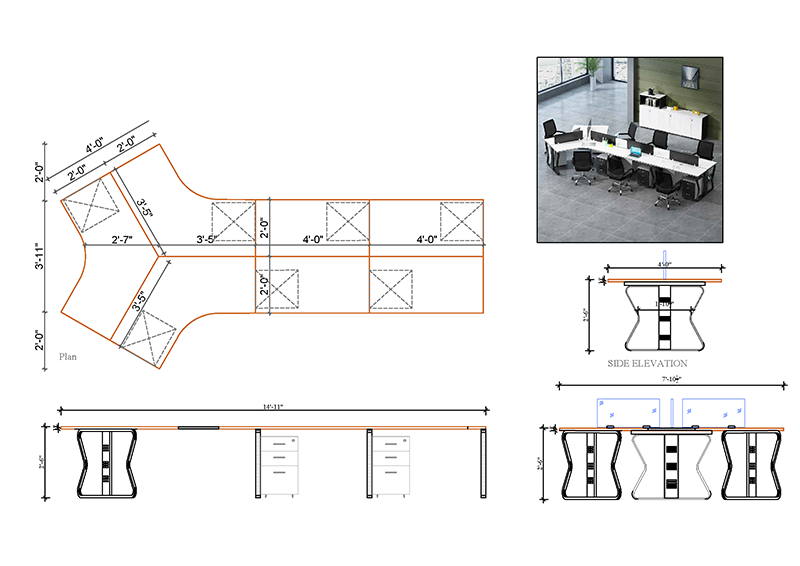 7 seater workstation desk butterfly series dimension