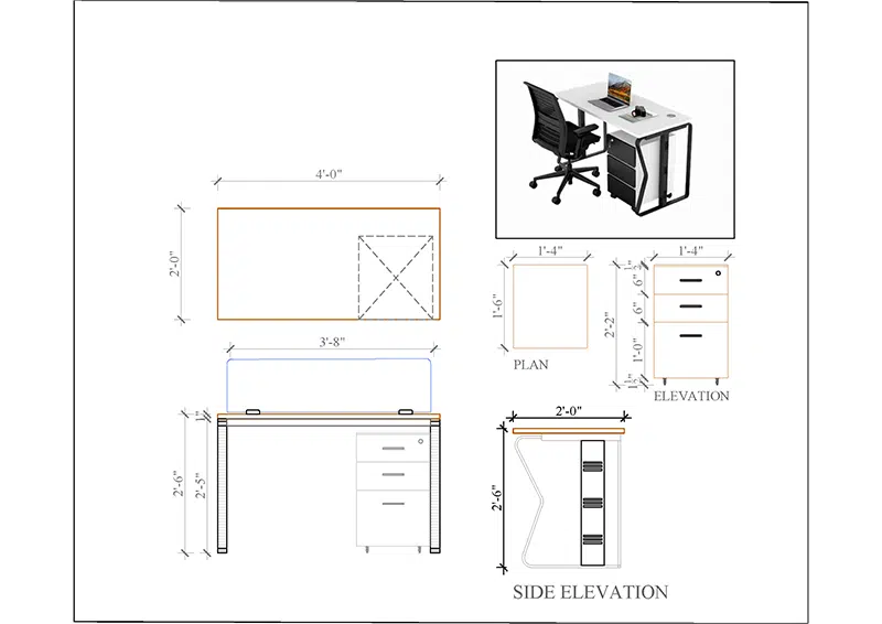 single seater workstation desk butterfly series dimension