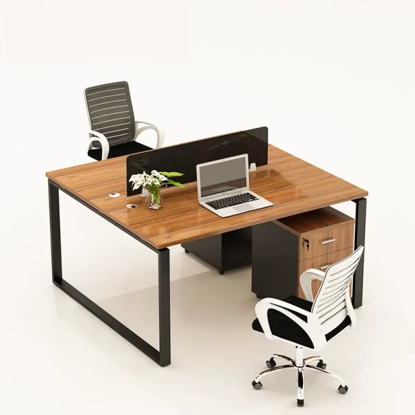 2 Seater Workstation desk burma teak color with grey frame