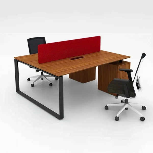 2 Seater Workstation desk burma teak color with grey frame and fabrics partition