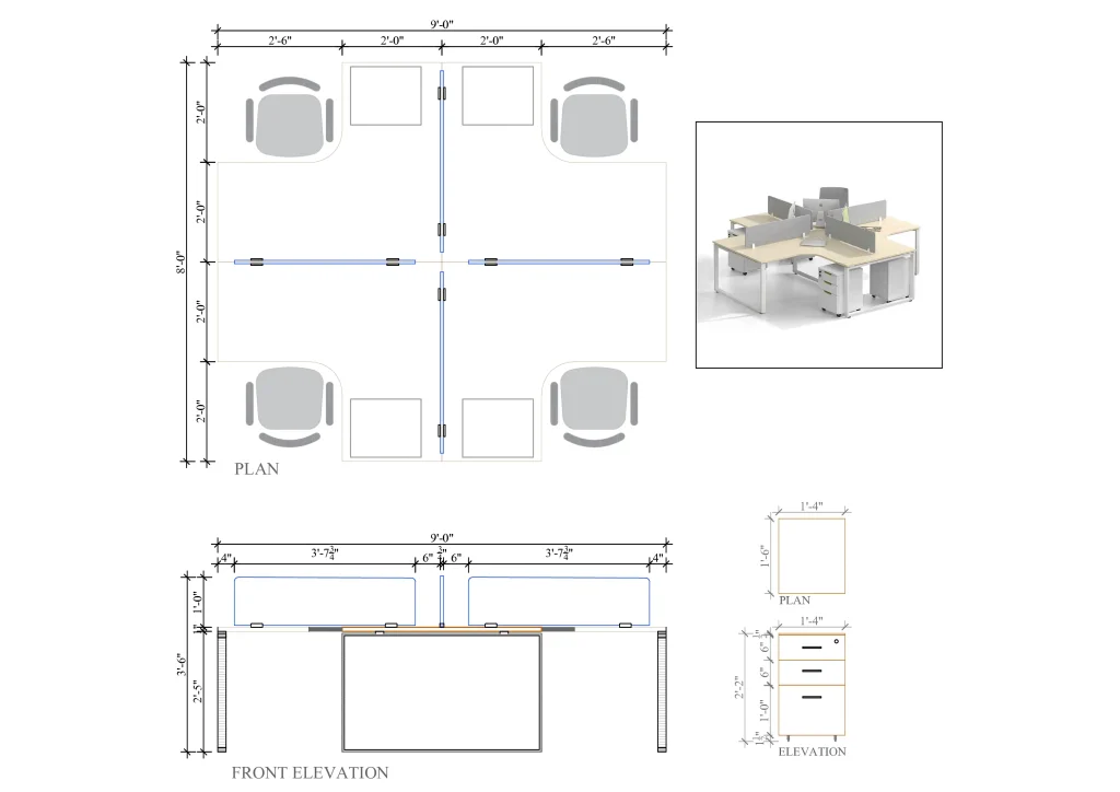 4 Seater Workstation Desk curve dimensions
