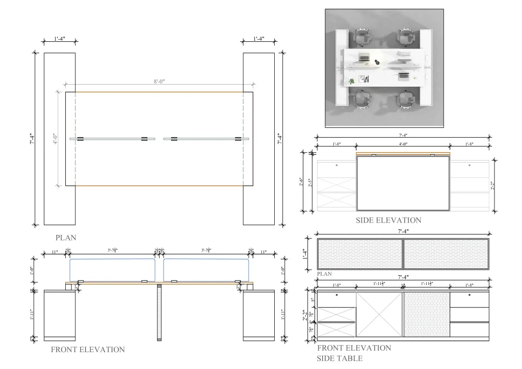 4 Seater Workstation Desk with side table dimensions