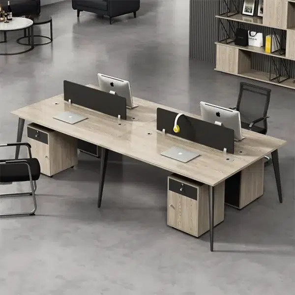 4 seater wokrstation desk single leg oak patch and grey color
