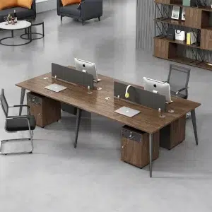 4 seater workstation desk single leg walnut and grey color