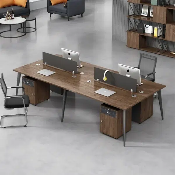 4 seater wokrstation desk single leg wallnut and grey color