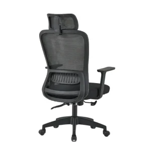 Ergonomic revolving office chair with headrest, armrest and height adjustable.