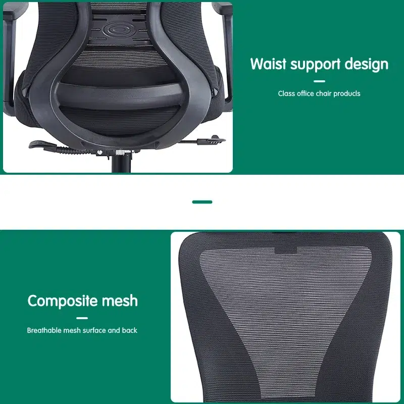 Ergonomic revolving office chair with headrest, armrest and height adjustable.